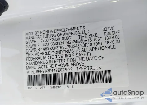 2025 Honda Ridgeline Rtl+ z USA, uszkodzony, nr VIN 5FPYK3F44SB023592